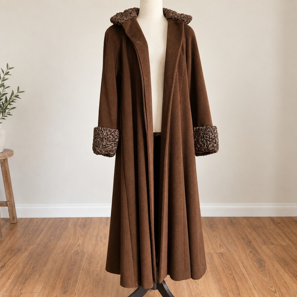 VTG Searle Wool Dr Zhivago Coat Size 8 Persian Lamb Collar Swing Maxi Overcoat
